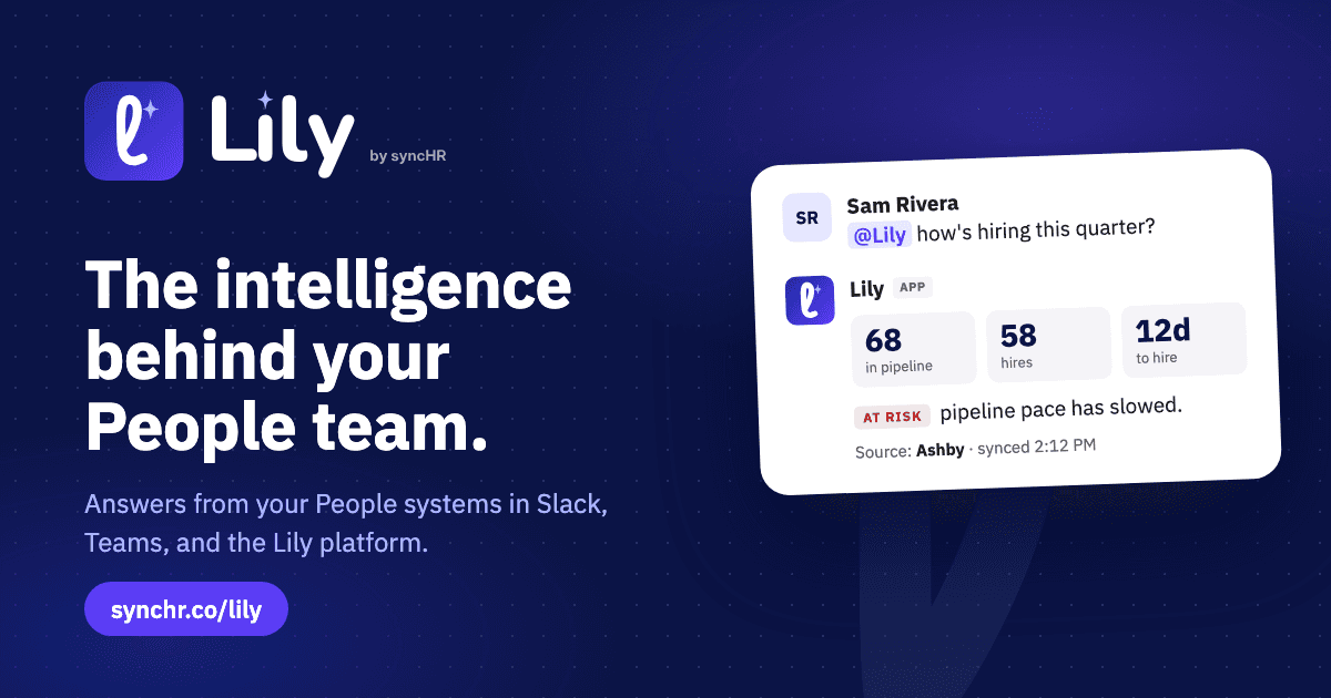 Lily by syncHR answering a hiring question in Slack, with the source system shown